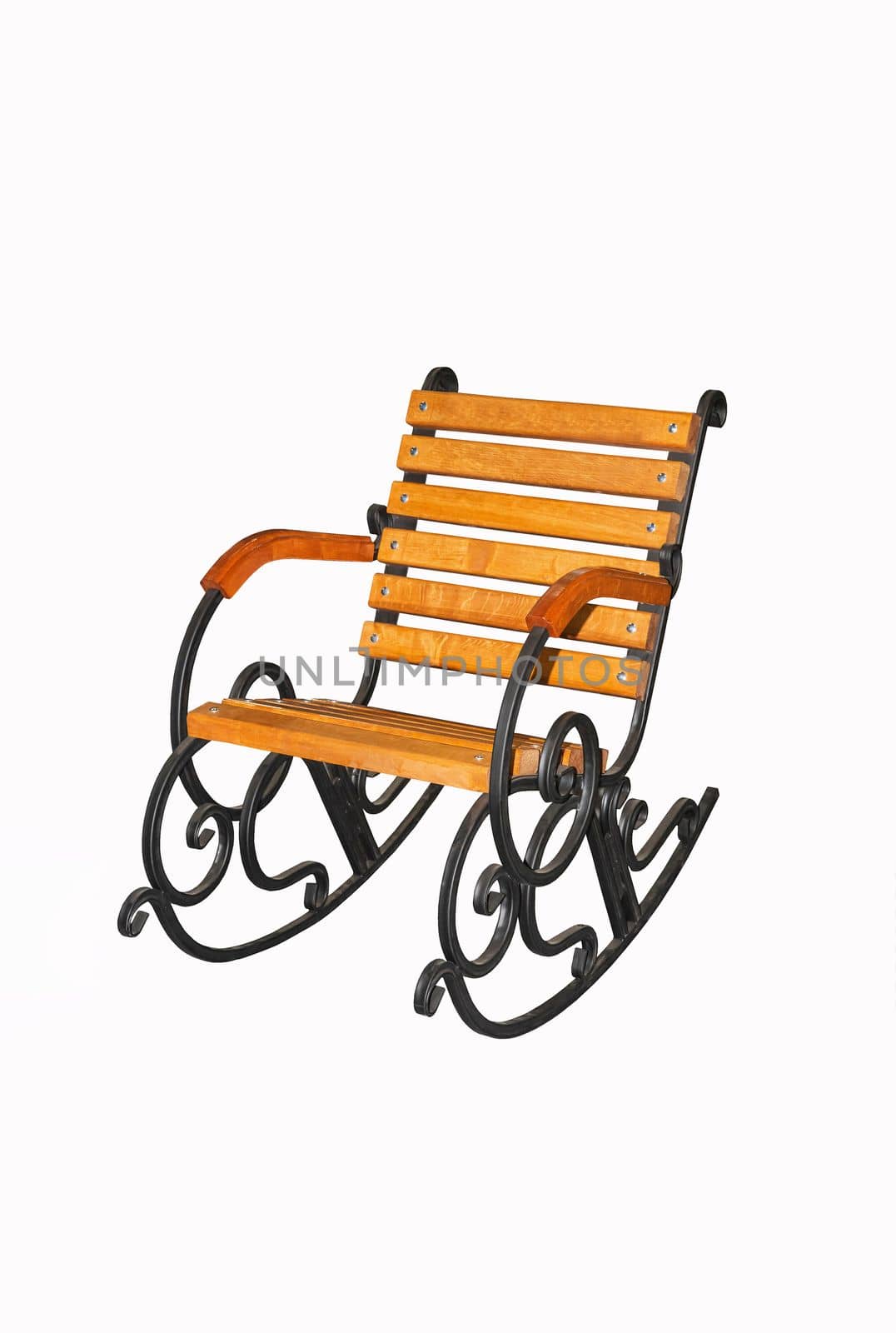 Wrought iron rocking chair on white background. Interior element.
