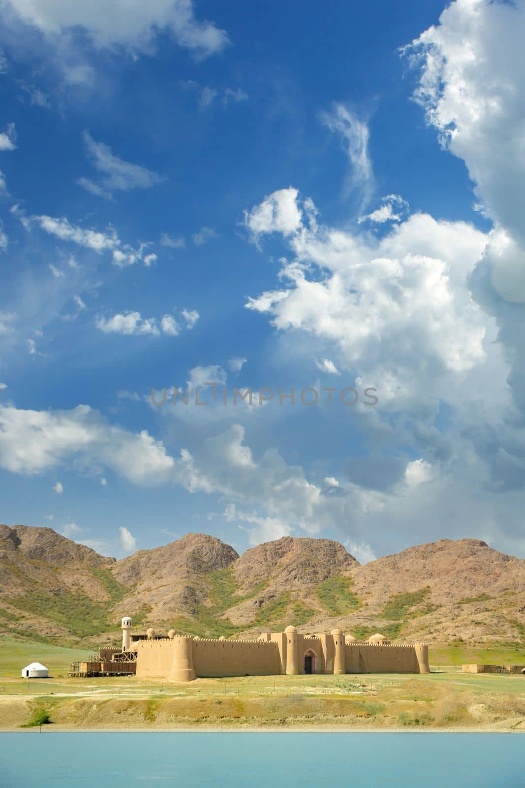 Medieval Turkic castle on the Ili river in the Tanbaly tas tract of the Almaty region of Kazakhstan in central asia. Copy space, vertical.