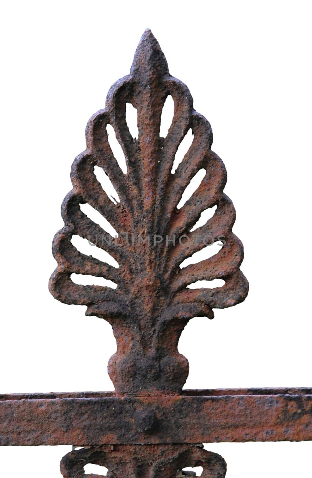 Old brown rusty weathered fence ornament close up. isolated white background