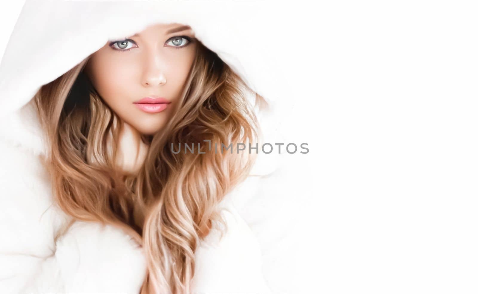 Winter fashion and beauty, beautiful woman in white fur coat by Anneleven