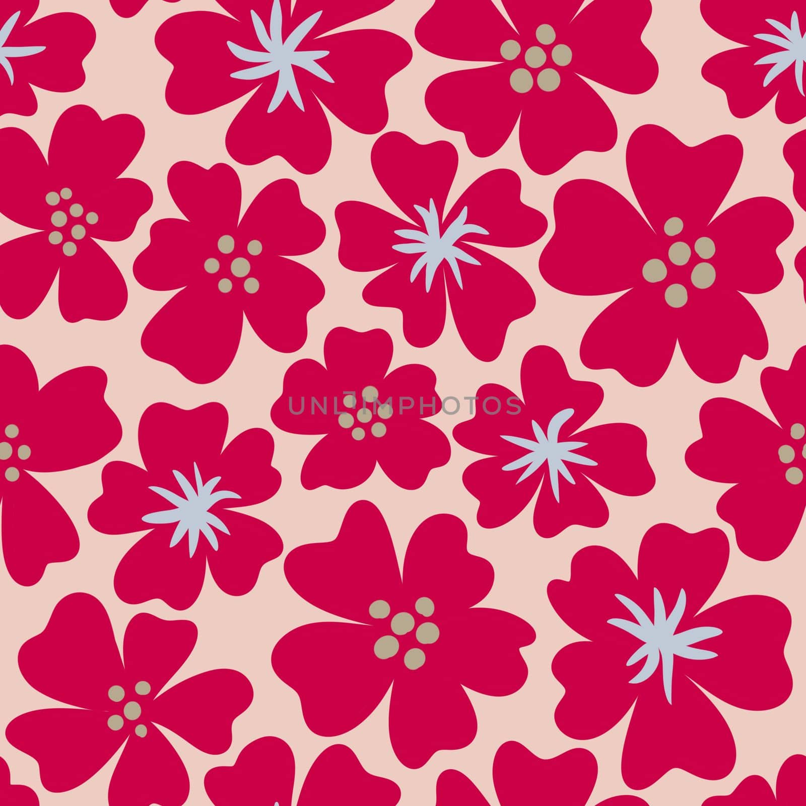 Hand drawn seamless pattern with red viva magenta colors 2023 flowers on beige background. Floral bloom blossom retro vintage fabric print, bright bold botanical tropical background