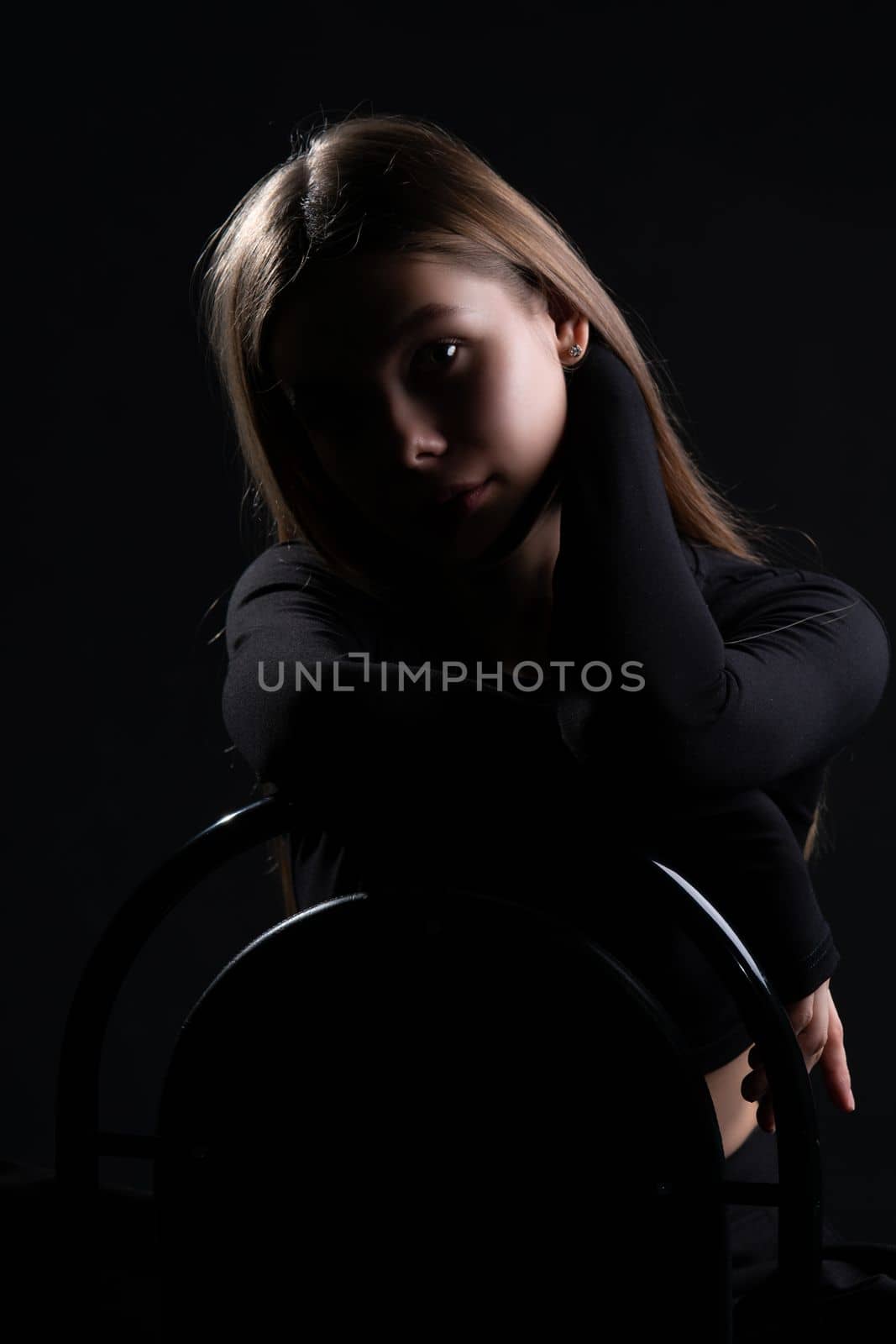 girl barefoot studio chair model female beautiful woman black background beauty style young