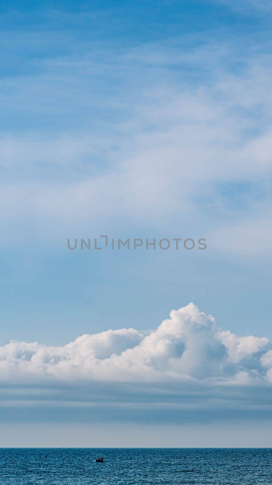 BANNER, VERTICAL STORY Atmosphere panorama white cloud clear blue sky horizon line calm empty sea. Concept paradise life. Design relax wallpaper background. More tone format in stock.