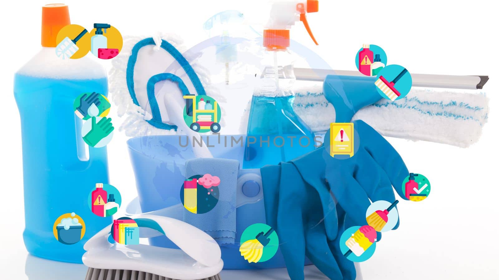 Plastic bucket with cleaning supplies on white background. High quality photo
