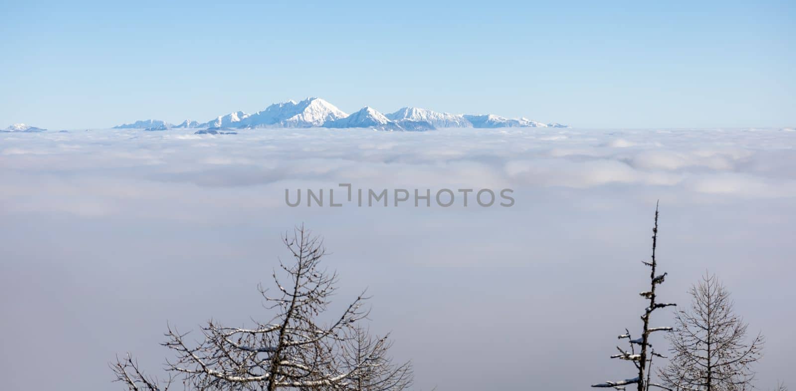 Winter mountains covered with snow landscape over clouds by Chechotkin