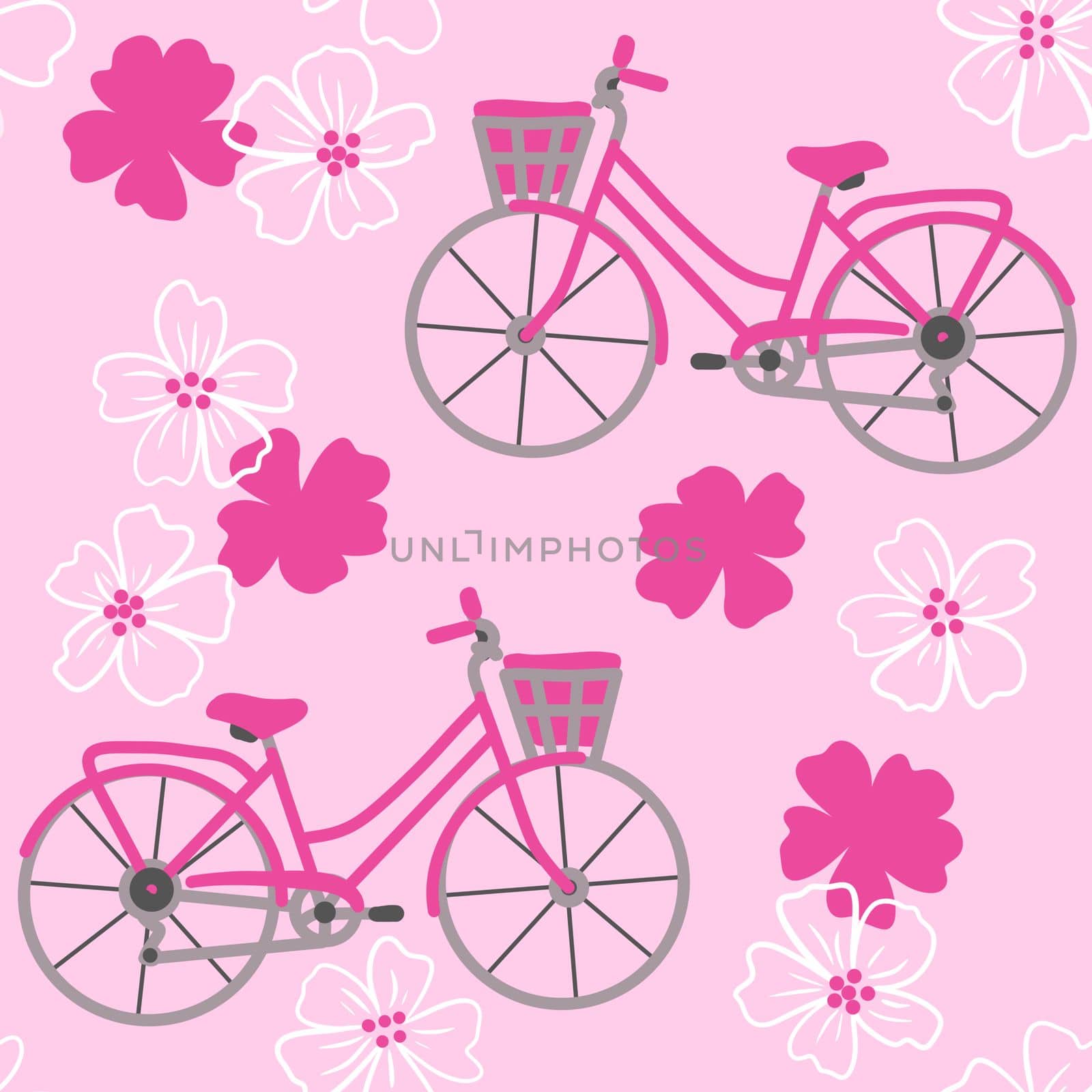 Hand drawn seamless pattern with pink bicycles on cherry sakura blossom flower floral background. Sport transportation vehicle outdoor actvity, travel bike for teenagers graphic sketch tourism cycling design. by Lagmar