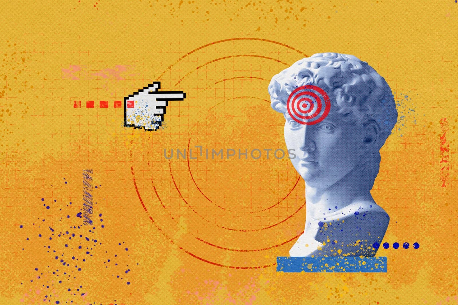 Collage creative modern finger mouse cursor points to a target on an antique statue of David's head. High quality photo