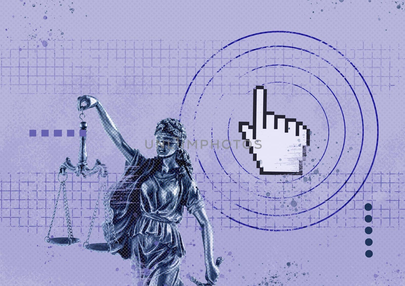 A creative collage statue of Themis with scales of justice and a pixel mouse cursor. The concept of online entitlement. High quality photo
