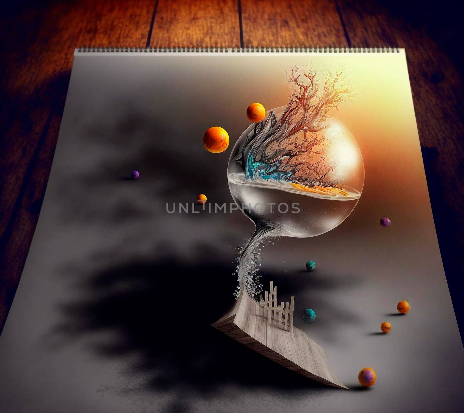 Aquarium with orange splashes. beautiful 3d sketch with colored elements. The drawing goes off the paper. High quality illustration