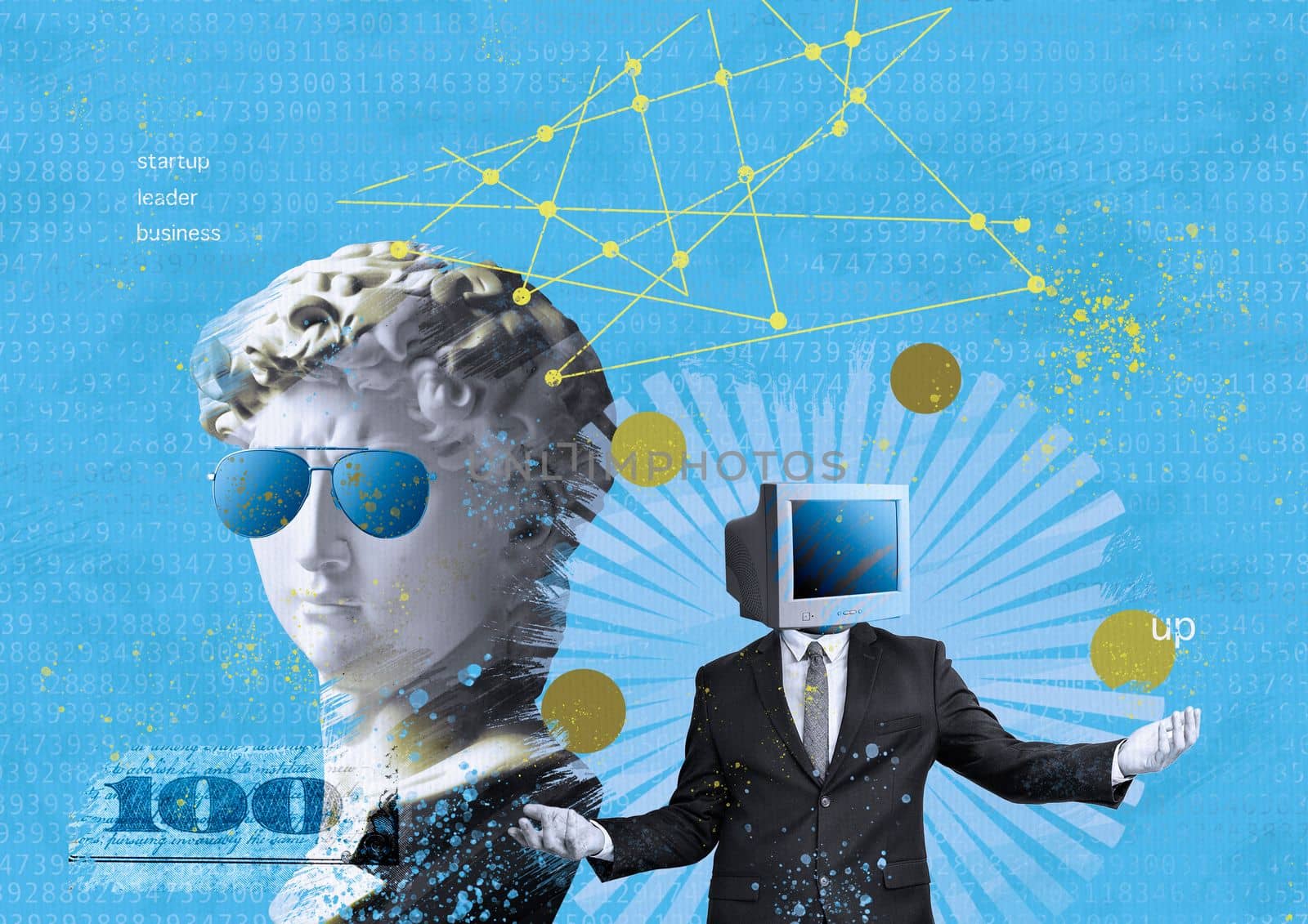 Collage stylish David in sunglasses and a businessman with the head of a computer and money. The concept of business marketing finance and management.
