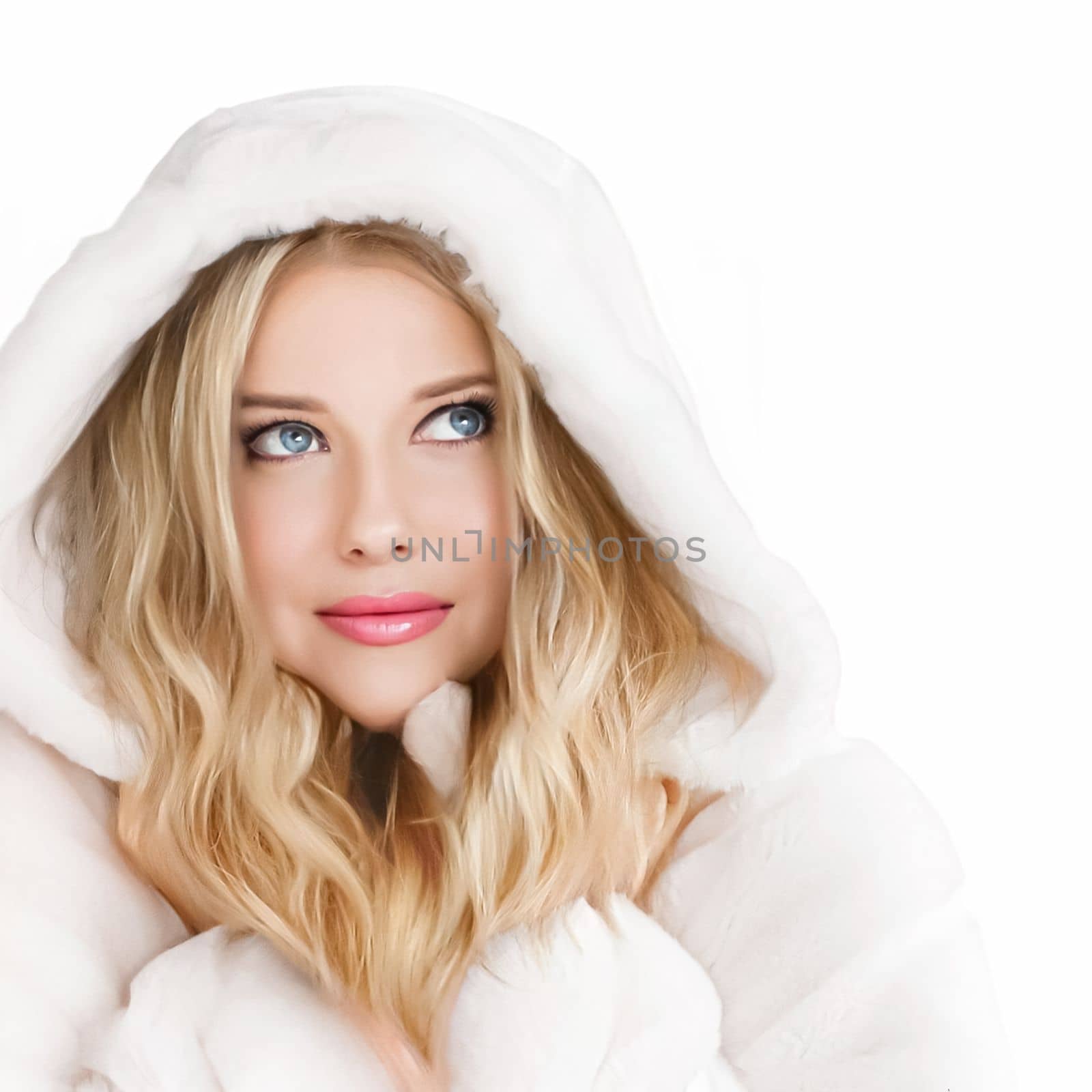 Beautiful woman in white fur coat, beauty and winter fashion by Anneleven