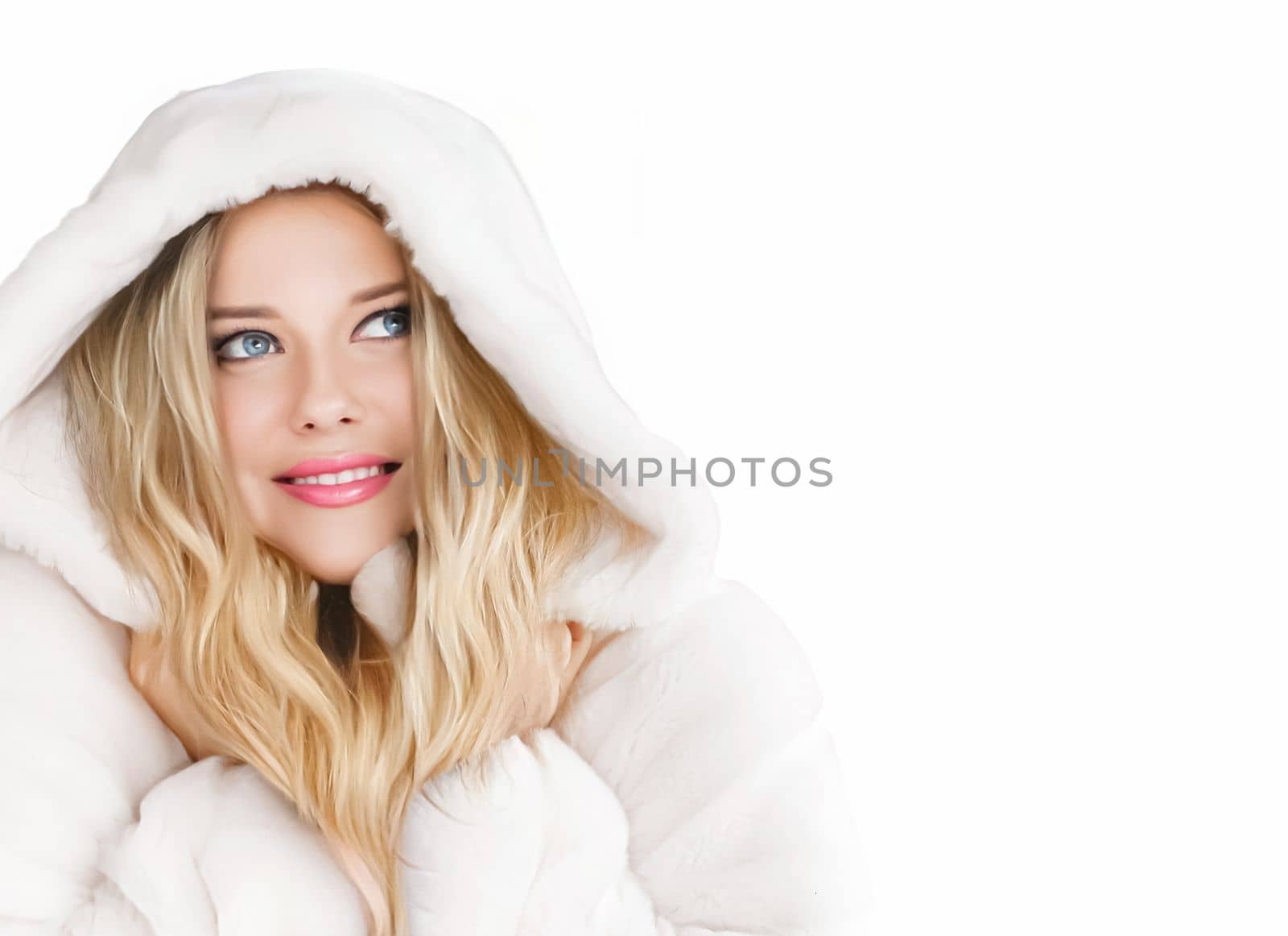 Beautiful woman in white fur coat, beauty and winter fashion by Anneleven