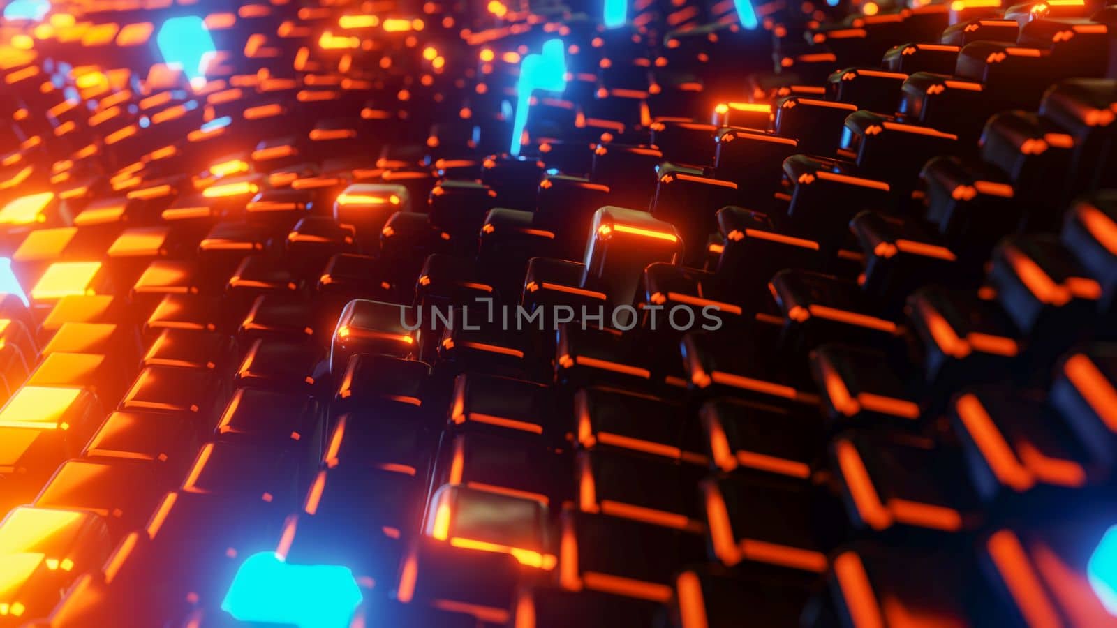 Multicolored LEDs moving in waves. 3D rendering illustration.