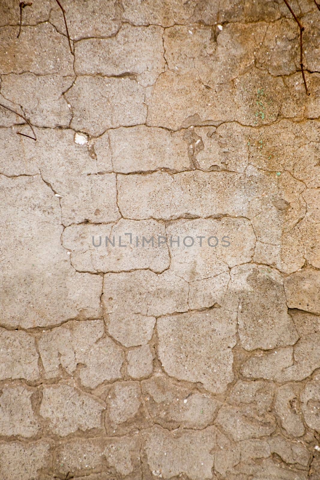 Photo of a wall with cracked plaster - stock background. A vintage shot of an old shabby wall with uneven, non-symmetrical cracks - an image for an artistic background. Soft warm light.