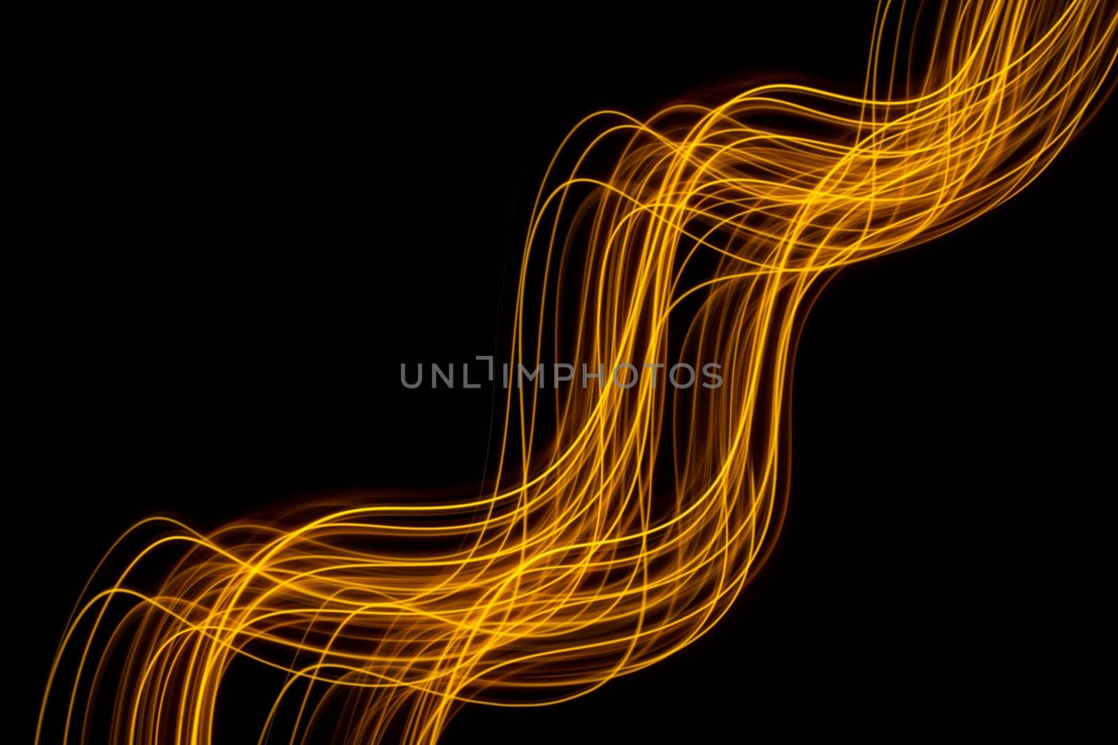 Abstract technology banner design. Long exposure light painting. Vibrant digital yellow neon lines on black background. by PaulCarr