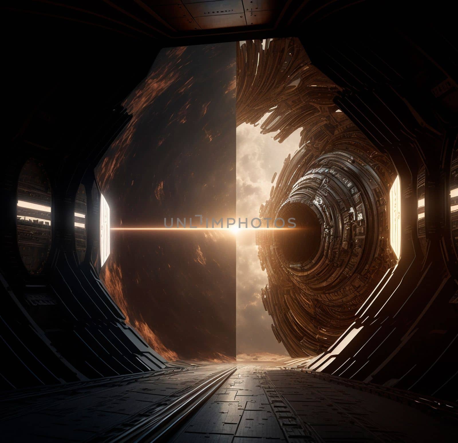 Space portal, space view, event horizon. Universe of Interstellar. High quality illustration