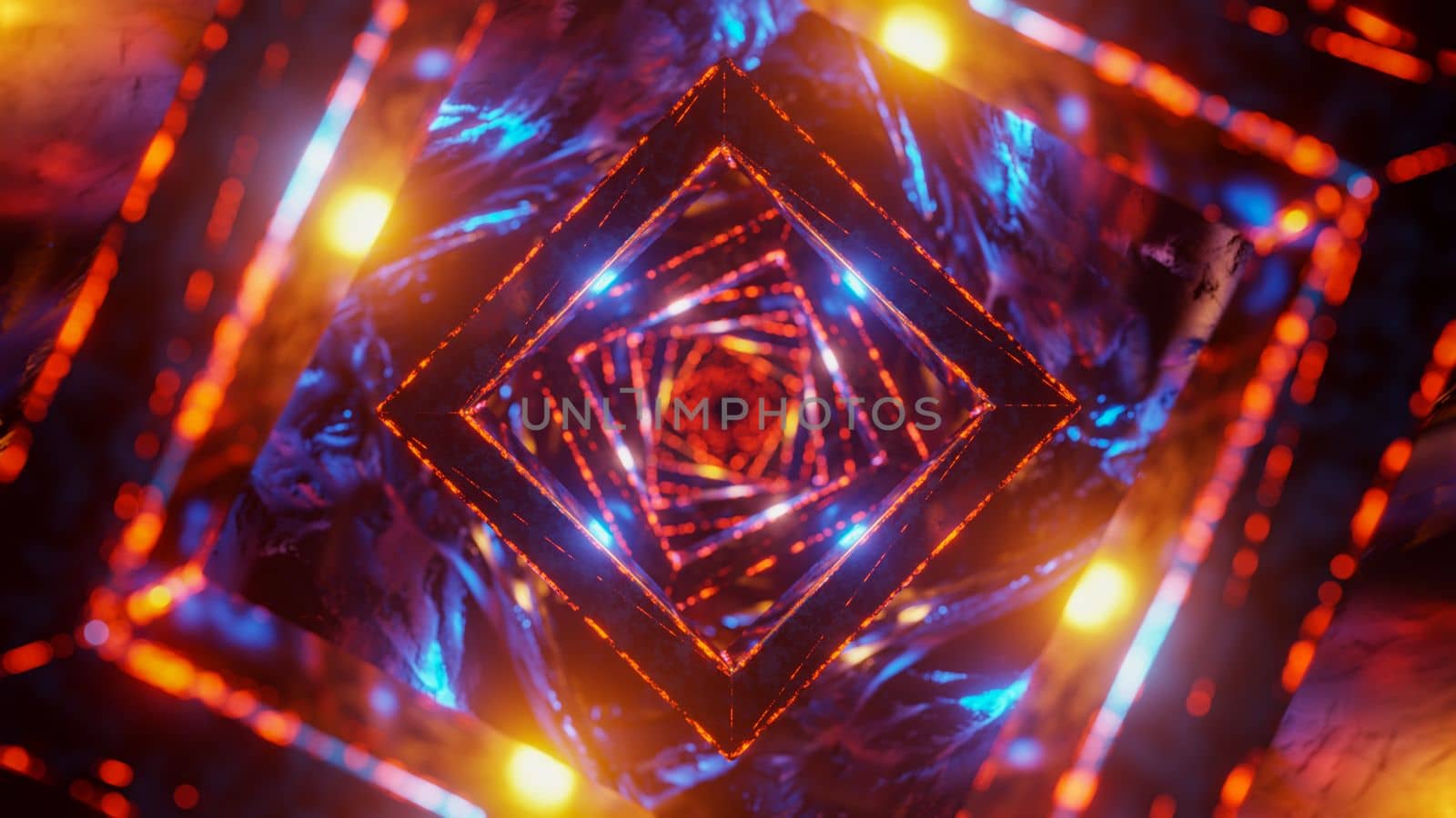 Flying in a futuristic tunnel through sparkling cubes. 3D rendering illustration.