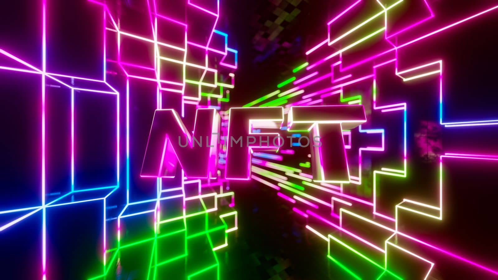 Abstract tunnel with colored neon text. 3D rendering illustration.