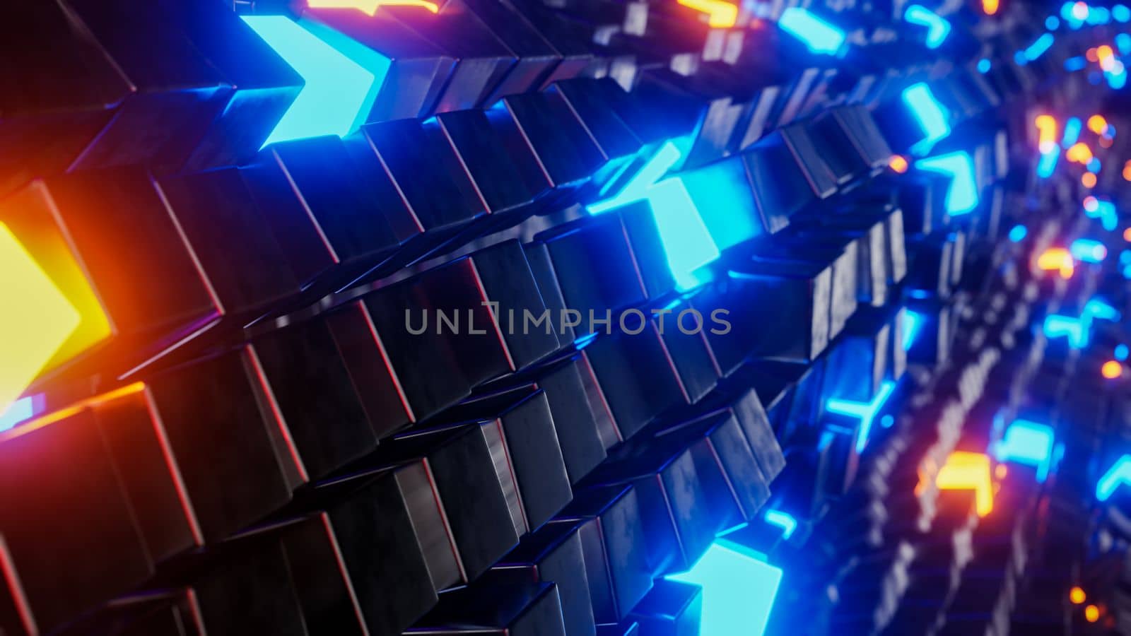 Flying in a tunnel with glowing cubes. 3D rendering illustration..