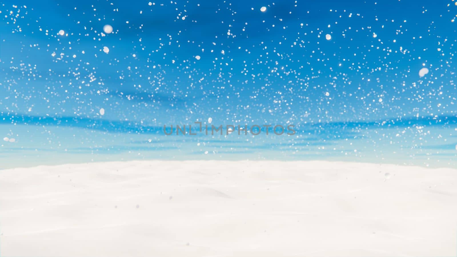White spacious landscape with snow covered plain at snowfall. 3D rendering illustration.