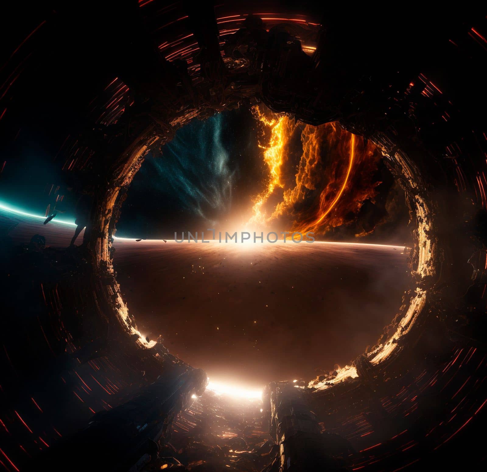 Space portal, space view, event horizon. Universe of Interstellar. High quality illustration