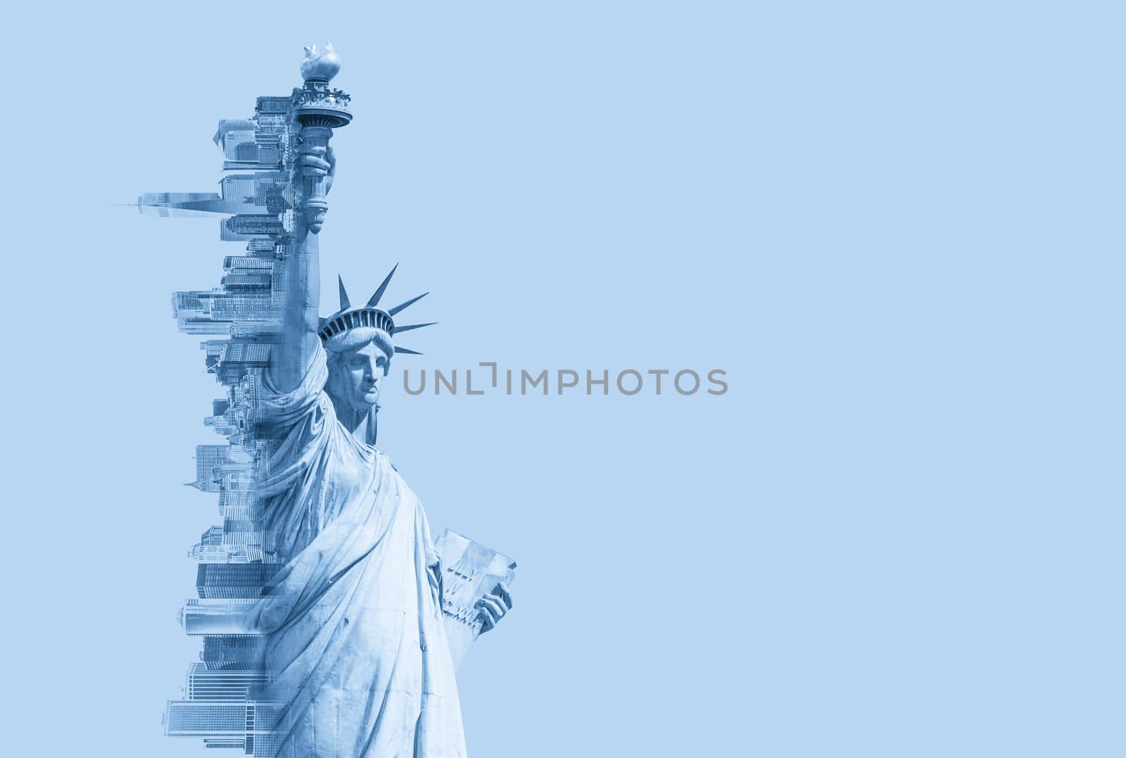 Double exposure image of the Statue of Liberty and new york skyline with cope space. Toned image by Mariakray