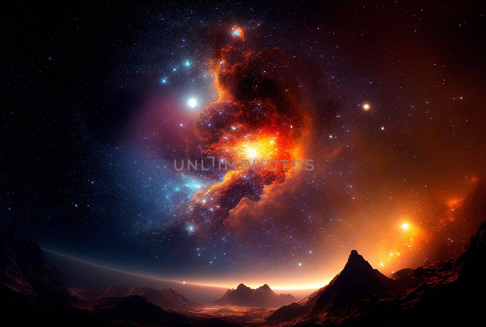 Space sky over the mountains. Milky way and space. High quality illustration