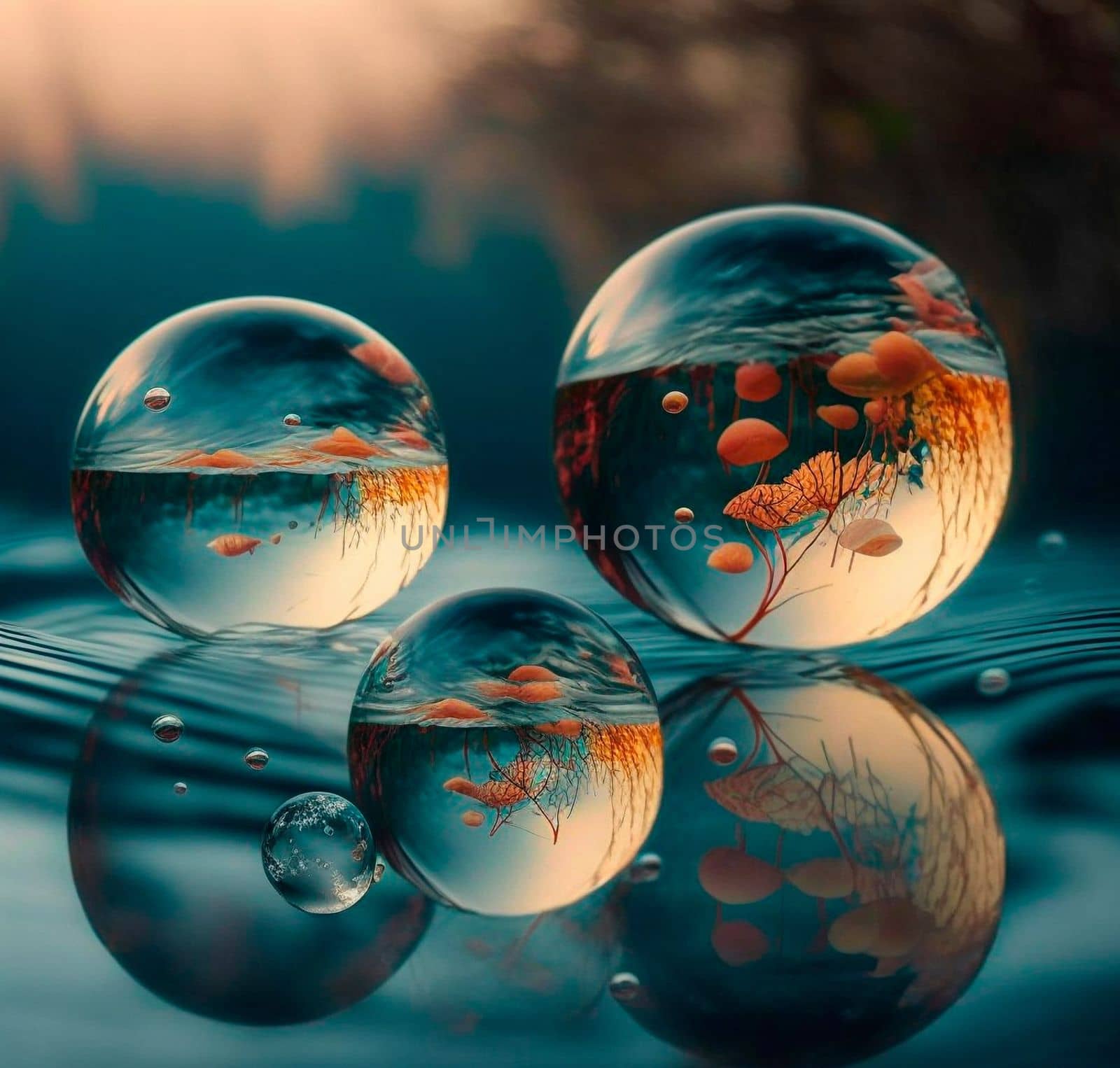 Transparent water spheres against a stunning backdrop of mountains and water. Reflection of the landscape and elements inside the spheres. High quality illustration