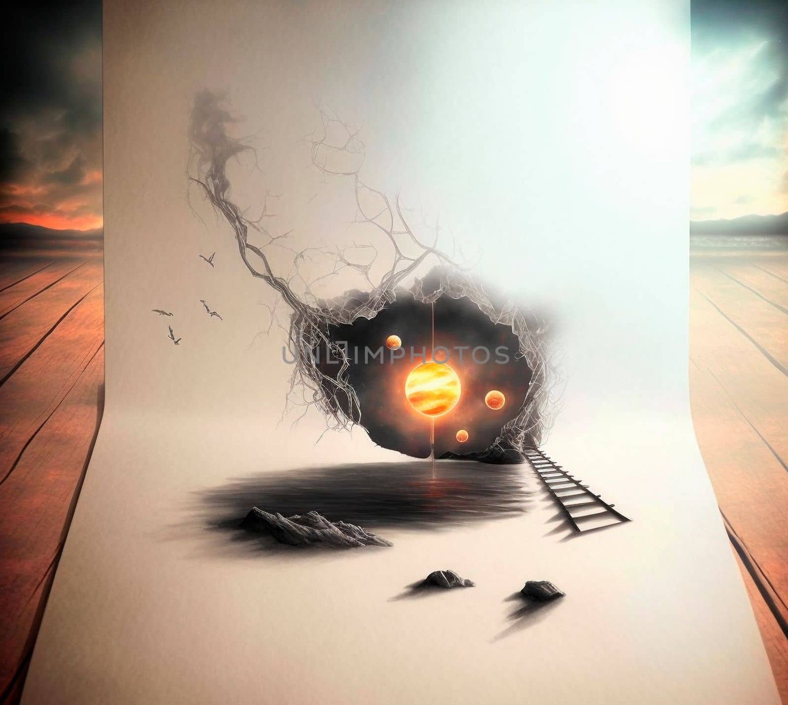 Staircase to the yellow moon. beautiful 3d sketch with colored elements. The drawing goes off the paper. High quality illustration