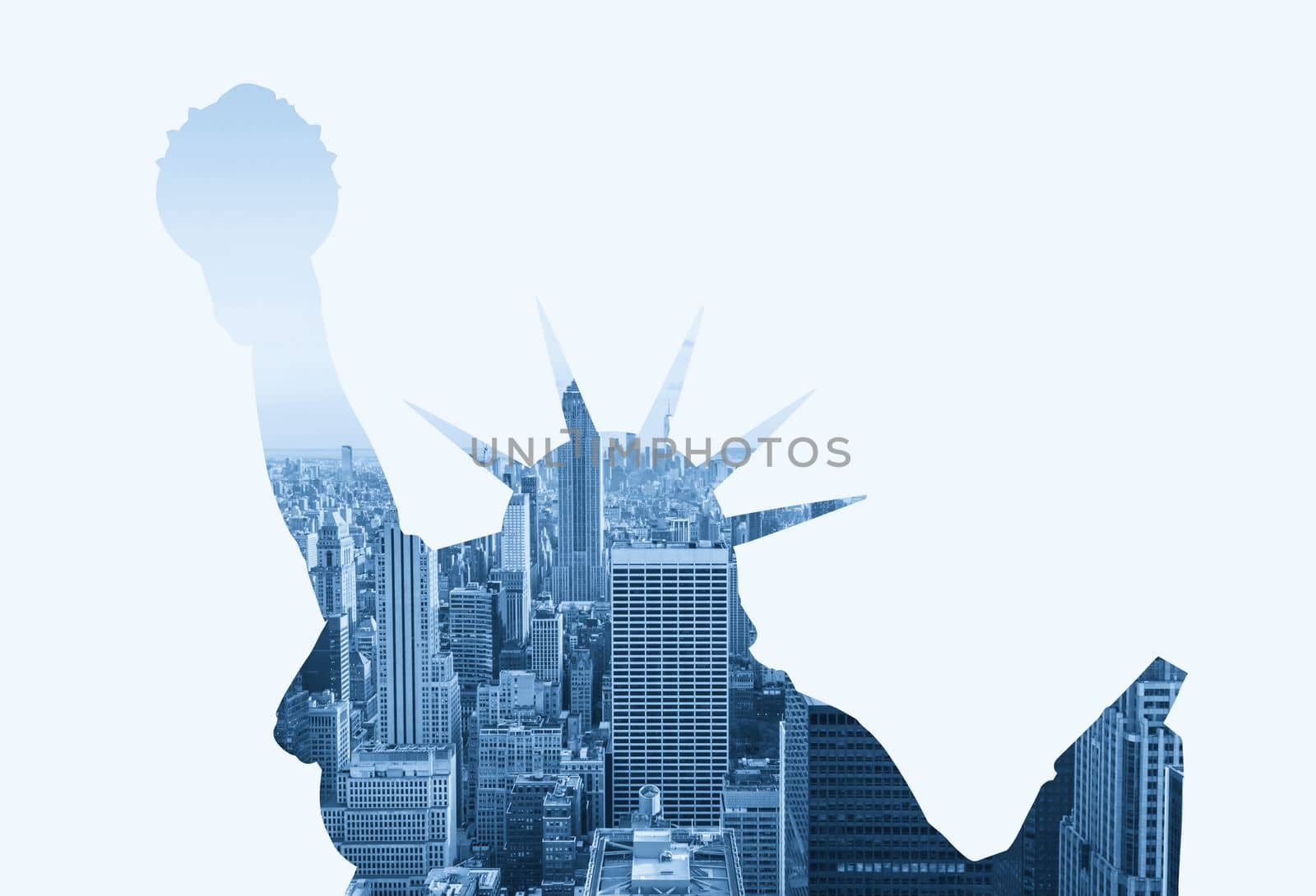 Double exposure of Manhattan skyline in new york city with statue of liberty silhouette by Mariakray