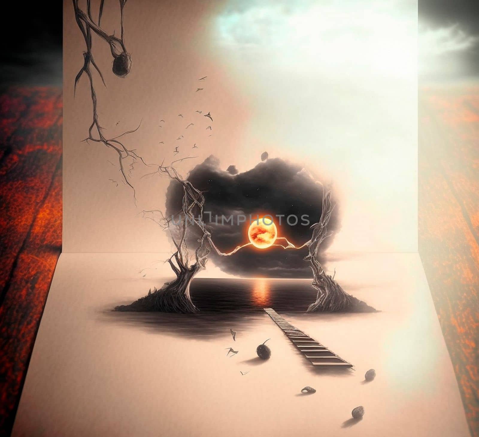 Staircase to the yellow moon. beautiful 3d sketch with colored elements. The drawing goes off the paper. High quality illustration