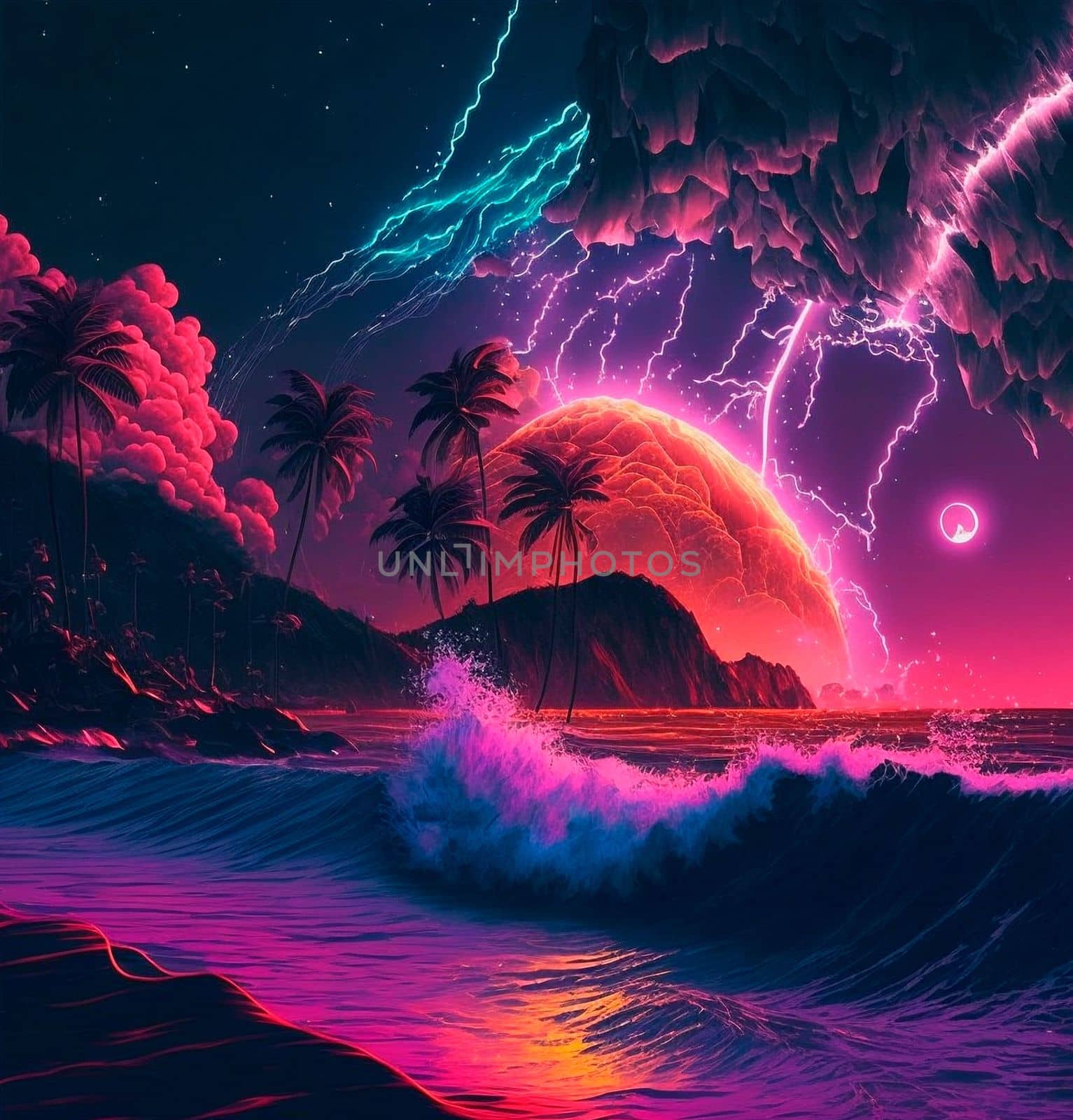 night beach with beautiful iridescent waves of different colors. High quality illustration