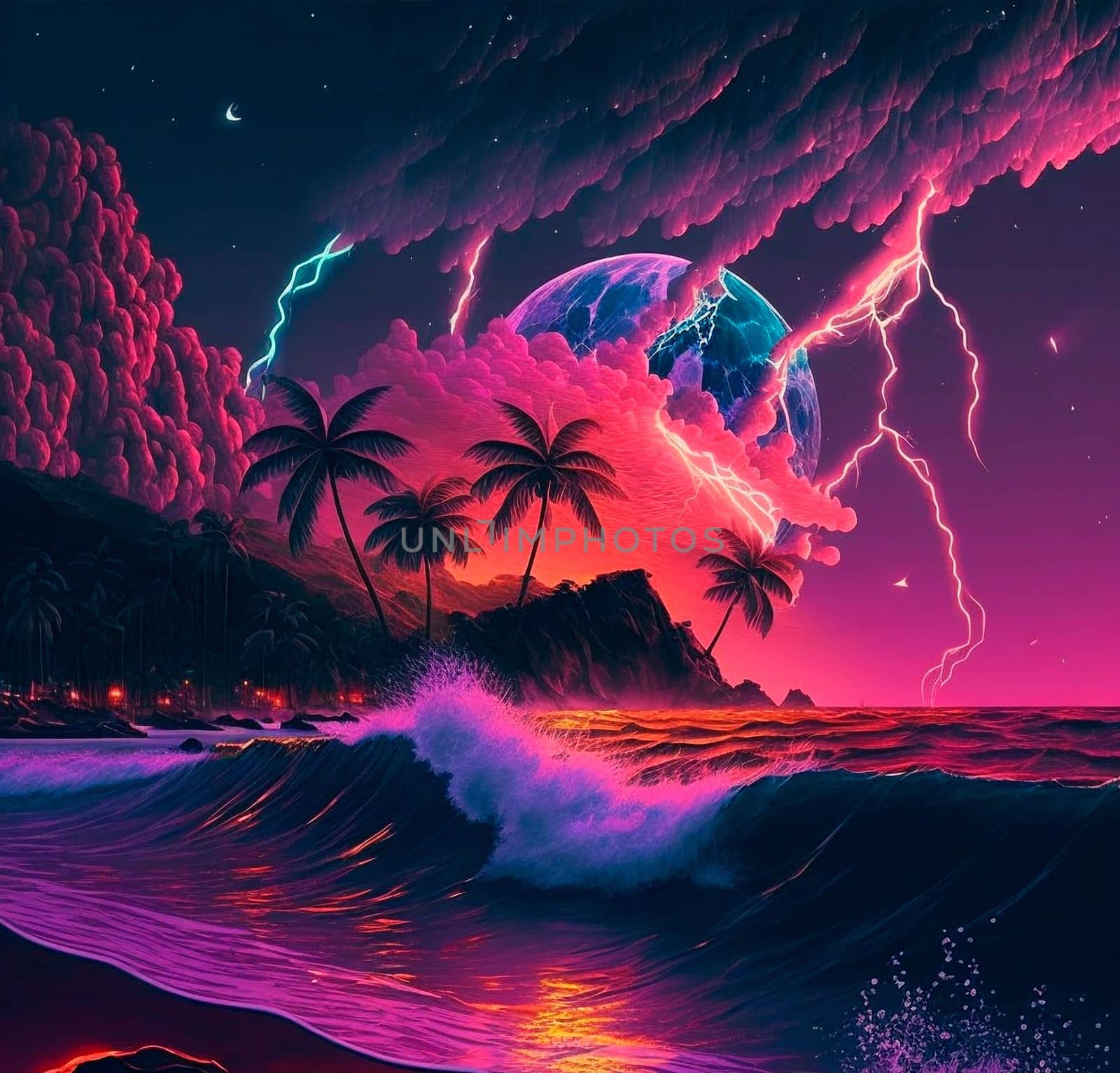 night beach with beautiful iridescent waves of different colors. High quality illustration