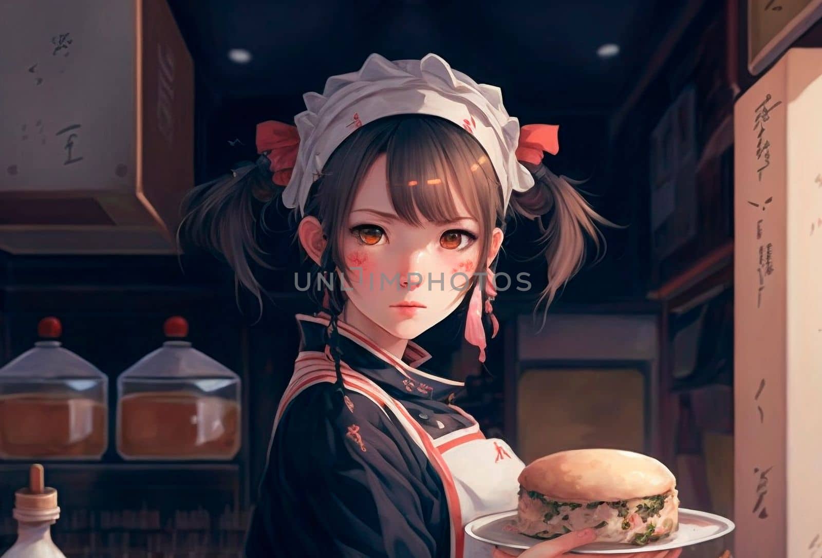 A waitress in an anime-style cafe. High quality illustration