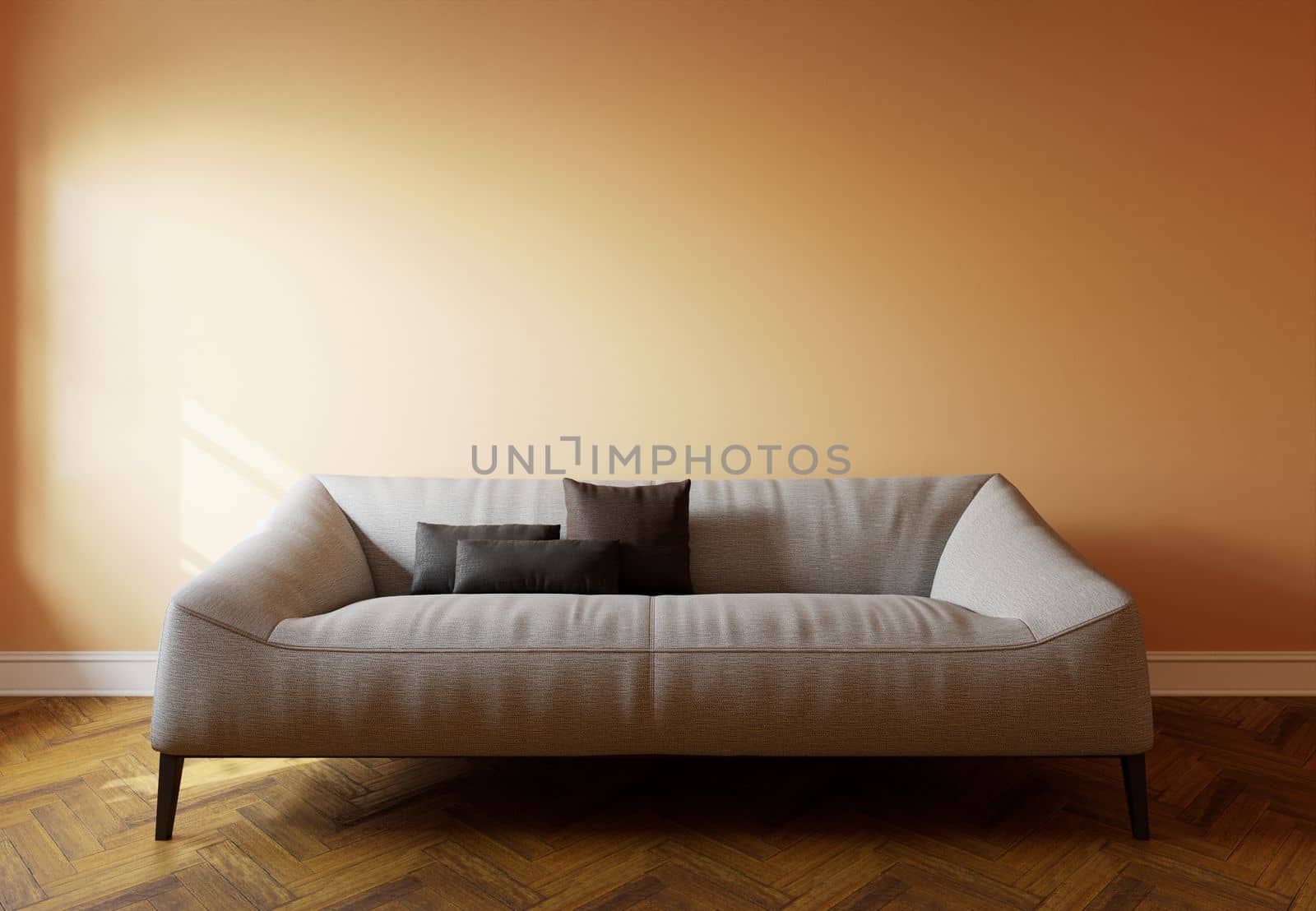 Gray sofa in the interior, with free space on the wall. 3d rendering by N_Design