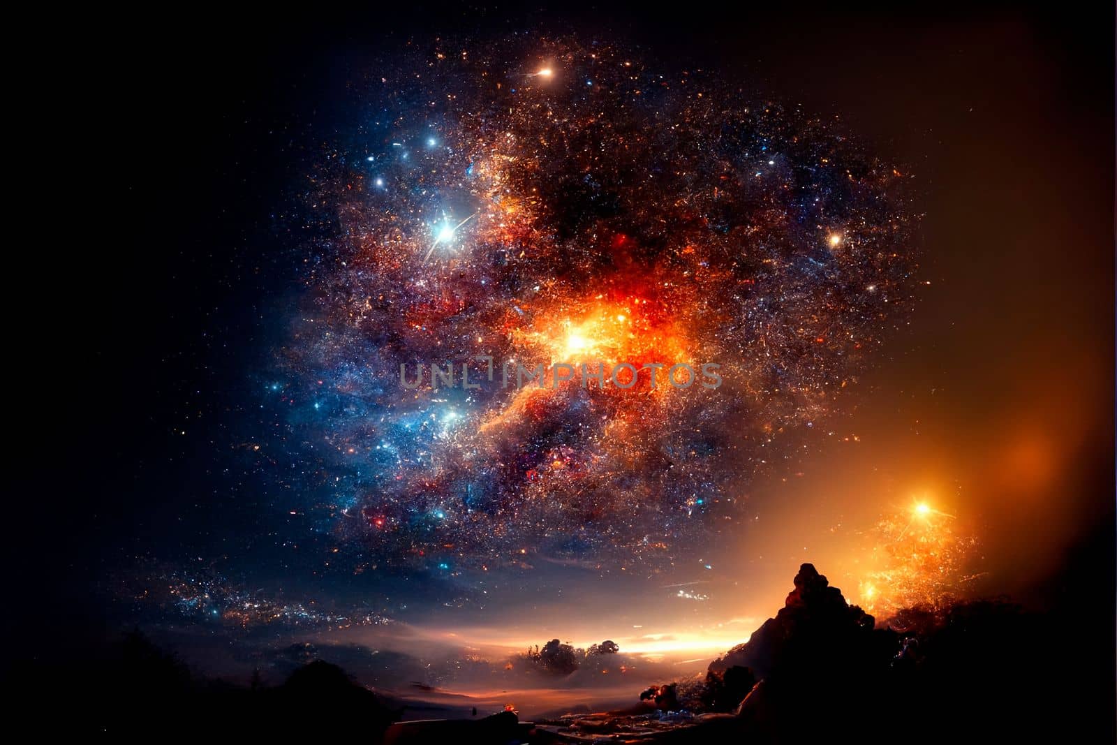 Space sky over the mountains. Milky way and space. High quality illustration