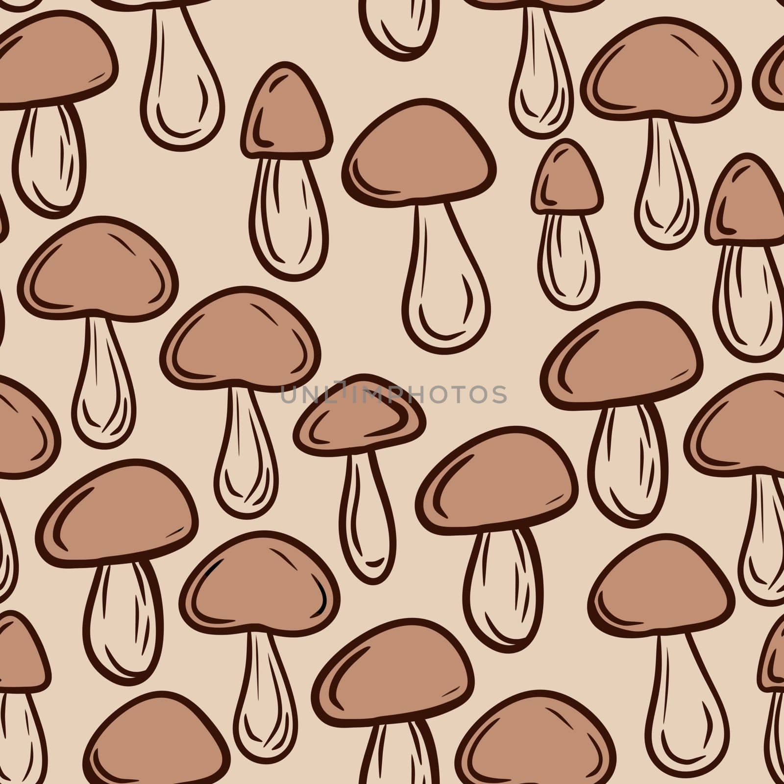 Hand drawn seamless pattern with beige brown forest wood mushrooms. Woodland minimalist toadstool wild fungus fungi, nature poisonous plant organic season. by Lagmar