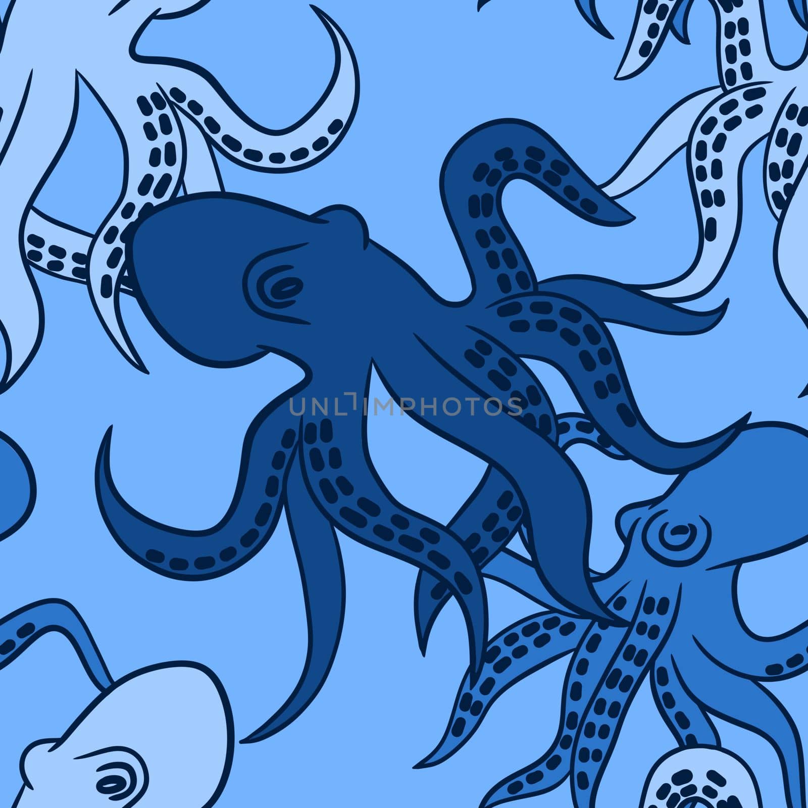 Hand drawn seamless pattern with blue octopus sea ocean species animal. Marine underwater nautical navy aquatic fabric print, seafood graphic cartoon background. by Lagmar