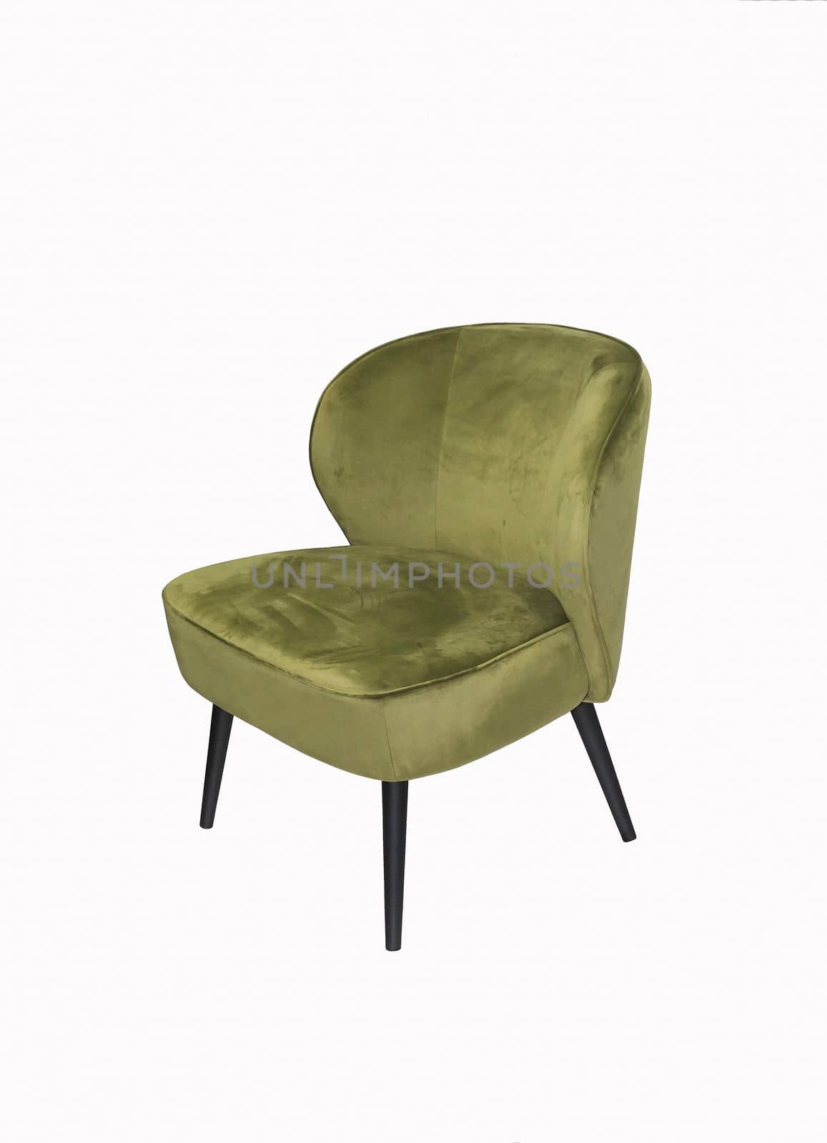 Comfortable velours olive armchair on white background. Interior element