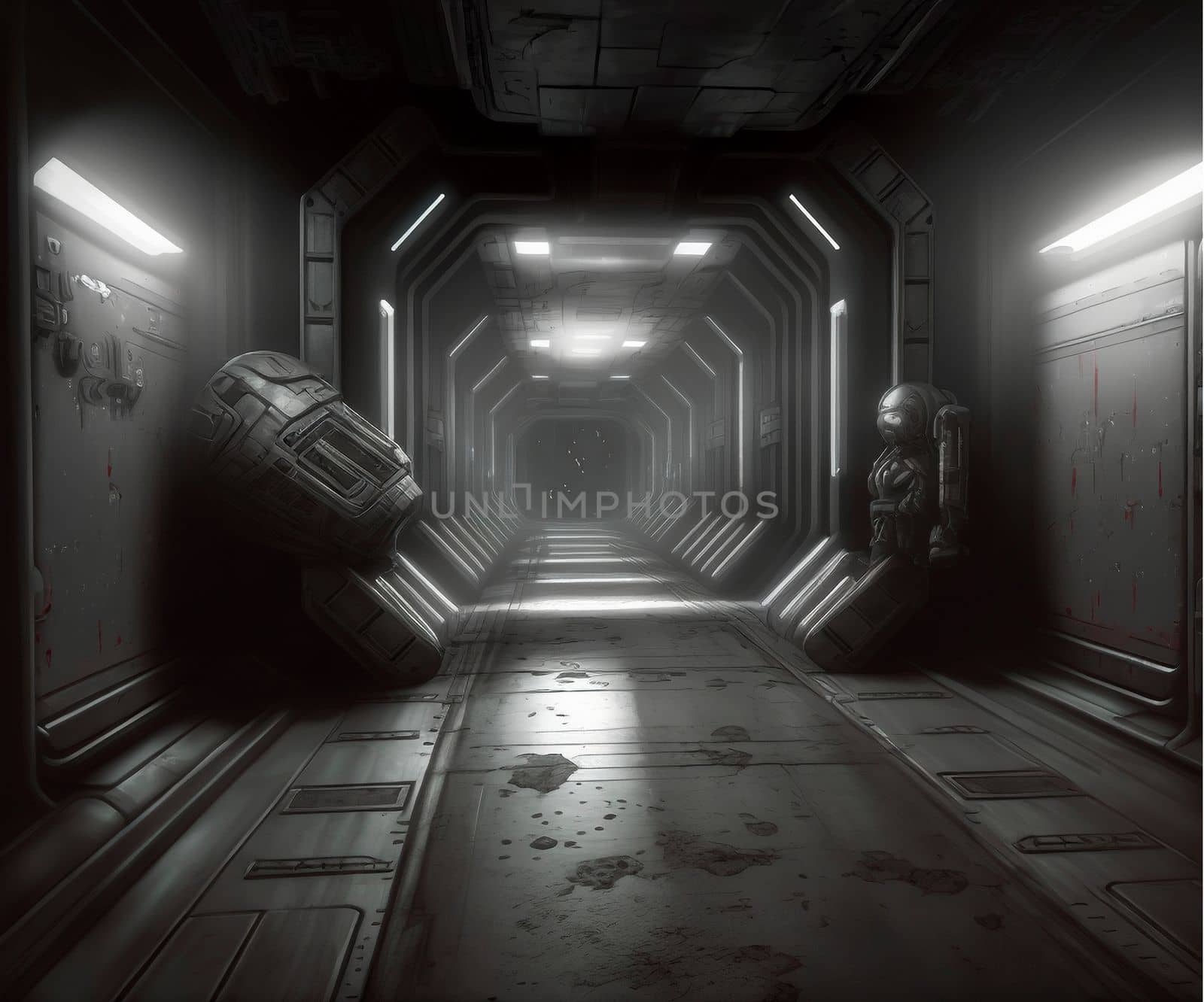 A gloomy and scary corridor of an abandoned spaceship. High quality illustration