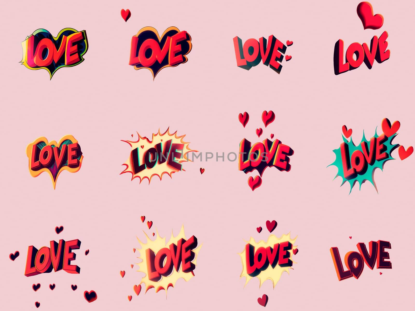 A selection of emblems with the word Love in the styles of comics and pop art