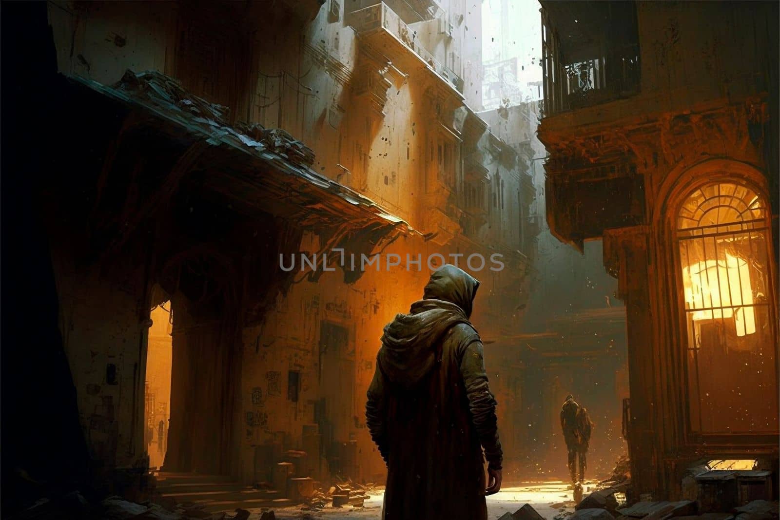 A traveler in an old abandoned city. Ruins and ruins. Steampunk style. High quality illustration