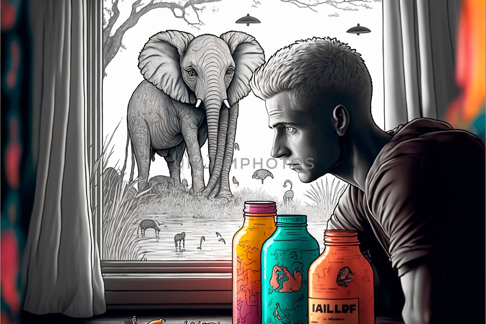 Wildlife in the modern world. Africa in the city. Spilled paints on a gray background. High quality illustration