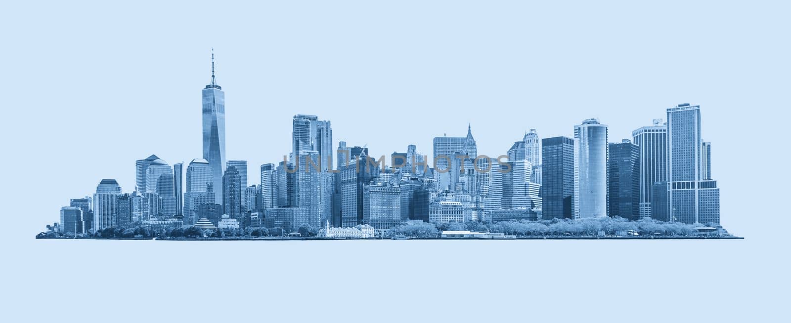 Skyline panorama of downtown Financial District and the Lower Manhattan in New York City, USA. Blue toned, isolated on background by Mariakray