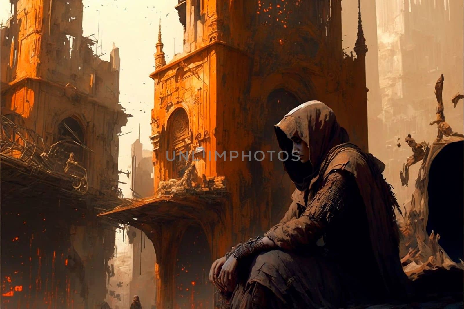 A traveler in an old abandoned city. Ruins and ruins. Steampunk style. High quality illustration