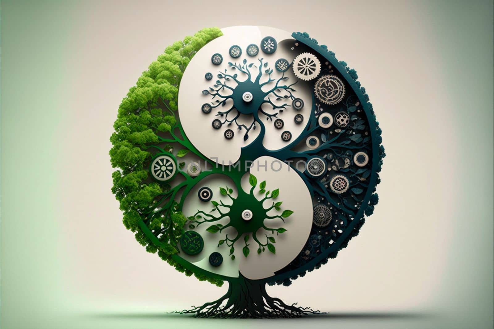 Black and green Yin and Yang logo made with wood elements. Green world concept. High quality illustration