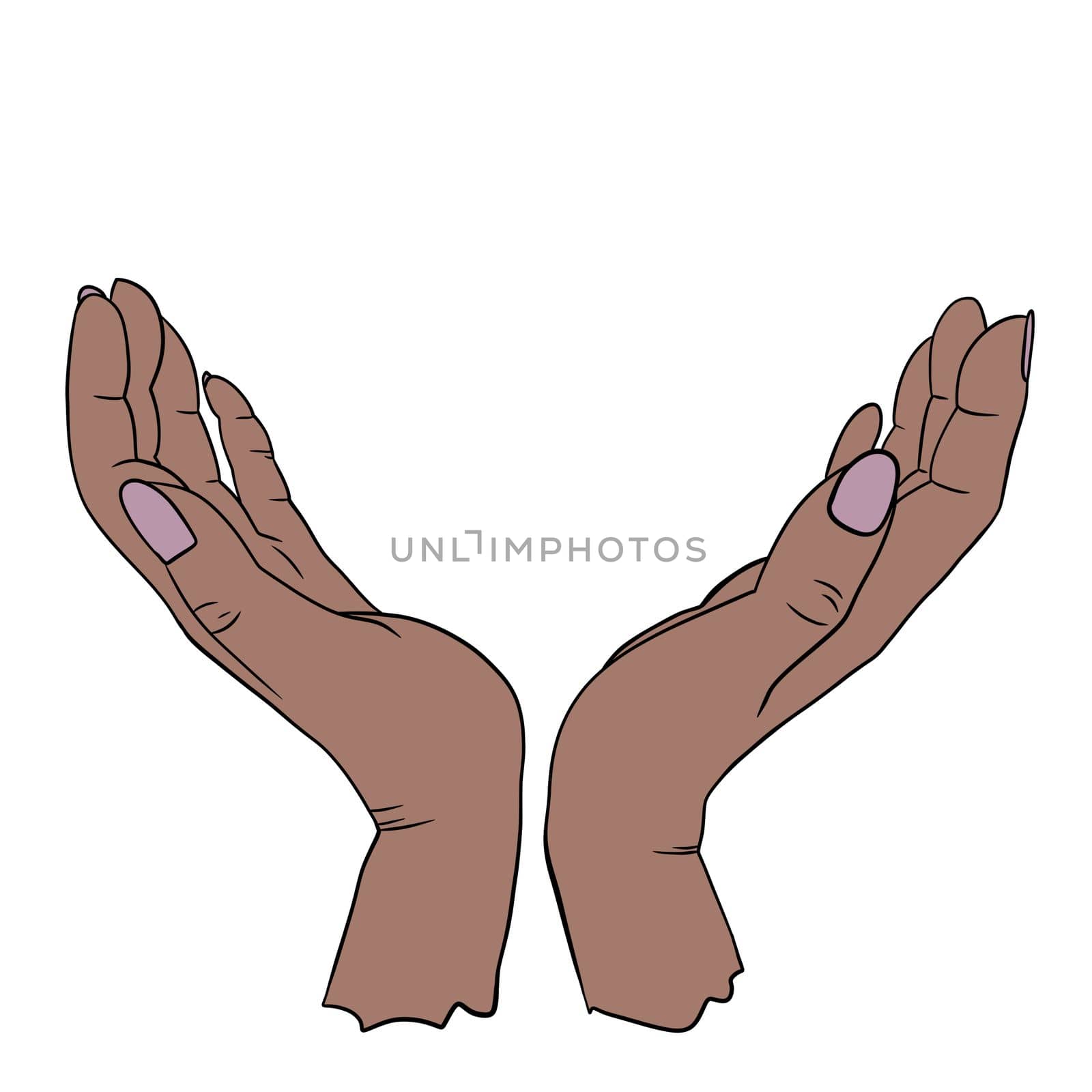 Hand drawn illustration of two human person hands holding in elegant gesture. Simple minimalist symbol concept in black line outline, skin color diversity, empty space for logo text. by Lagmar