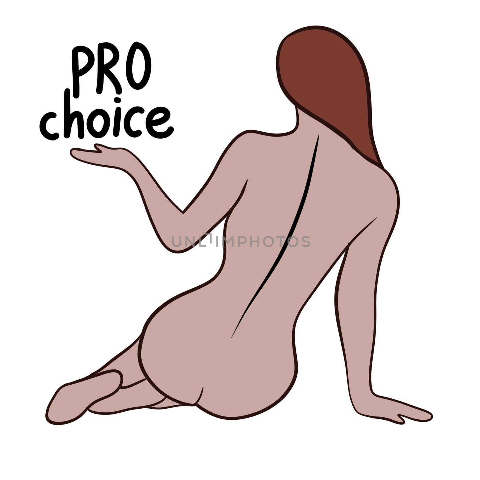 My body my choice hand drawn illustration with woman brown body. Feminism activism concept, reproductive abortion rights, row v wade design. Woman with pro choice words lettering red hair