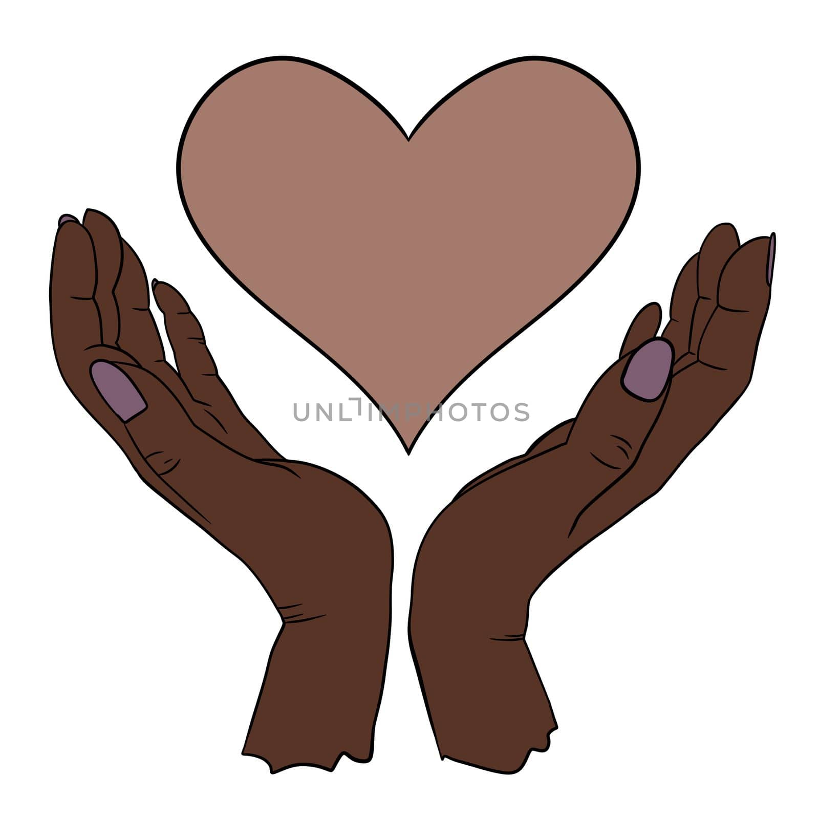 Hand drawn illustration of two human person hands holding heart love st valentine in elegant gesture. Simple minimalist symbol concept in black line outline, skin color diversity. by Lagmar