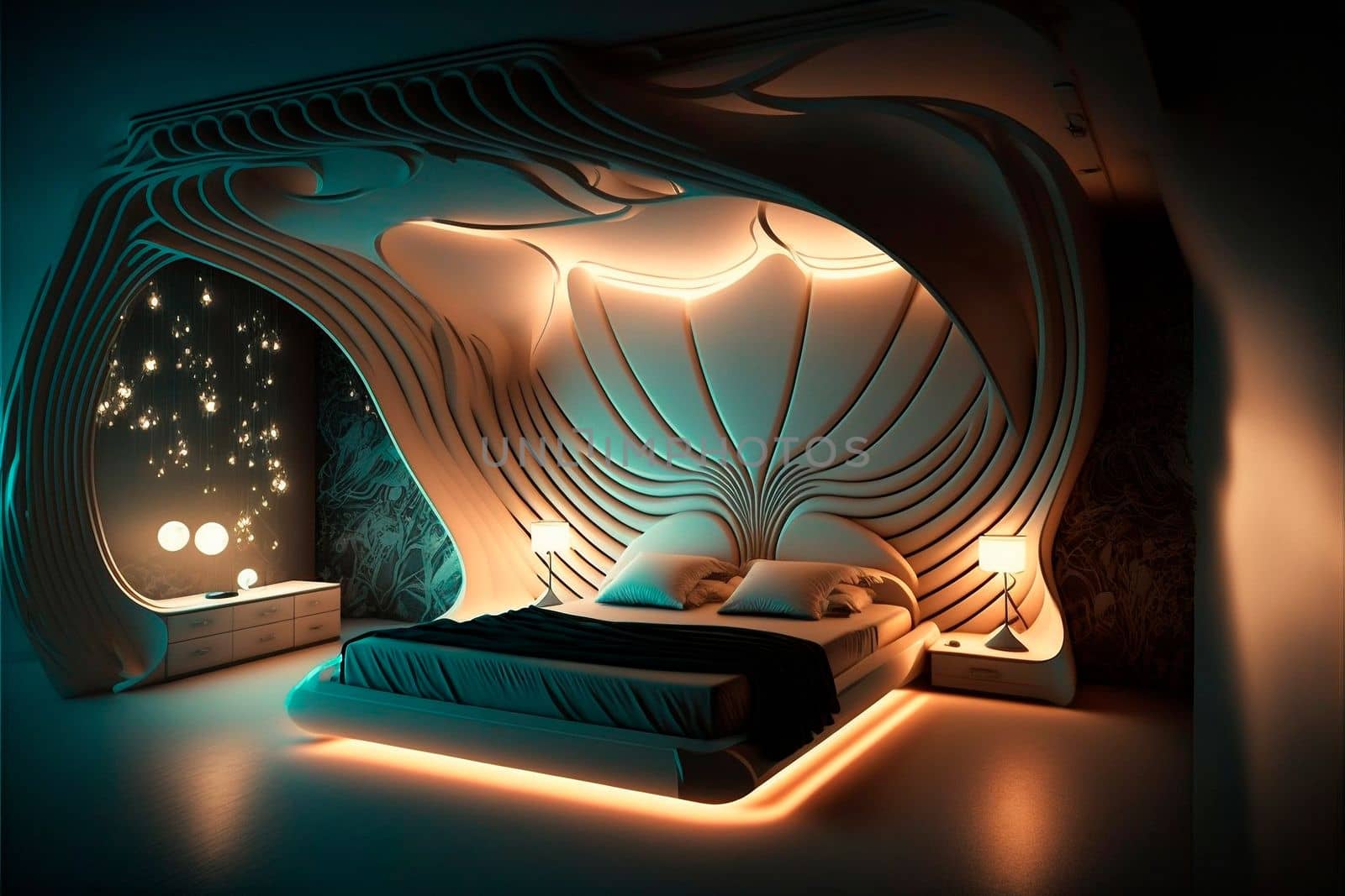 bedroom of the future, a bedroom in a futuristic design. High quality illustration